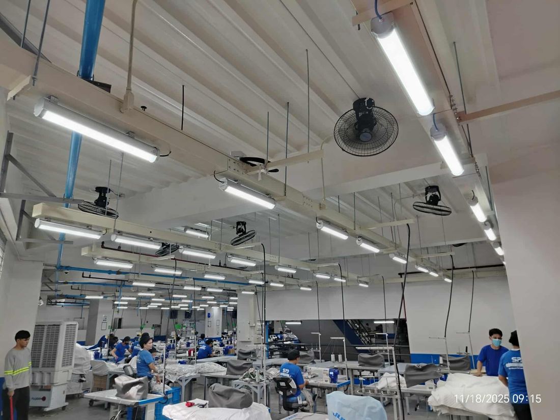 Finished factory floor lighting and ventilation fans